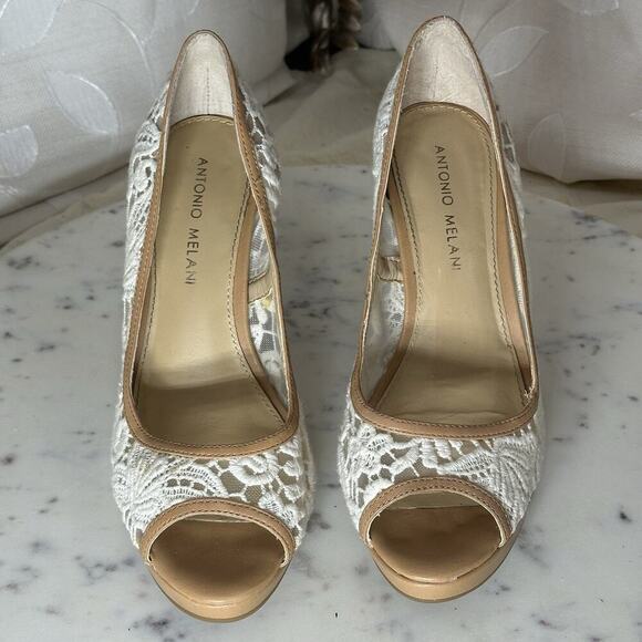 Antonio Melani | Women’s 7.5 | Cream Lace Peep-Toe Heels | Bridal Boho Chic - Picture 9 of 17